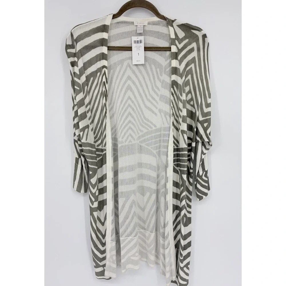 New Chico's Daniella Cardigan Graphic Waves Size 1 Long Line Open Rayon